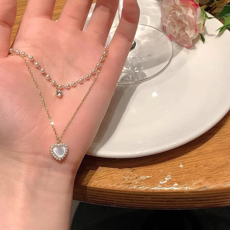 Korean Fashion Sweet Heart Shaped Necklace For Women Crystal Zircon Pendant Clavicle Chain Elegant Romantic Party Gift Jewelry