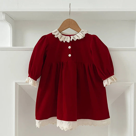 Christmas Party Dress Baby Girl Lace Princess Ruffle Satin Finish Dress