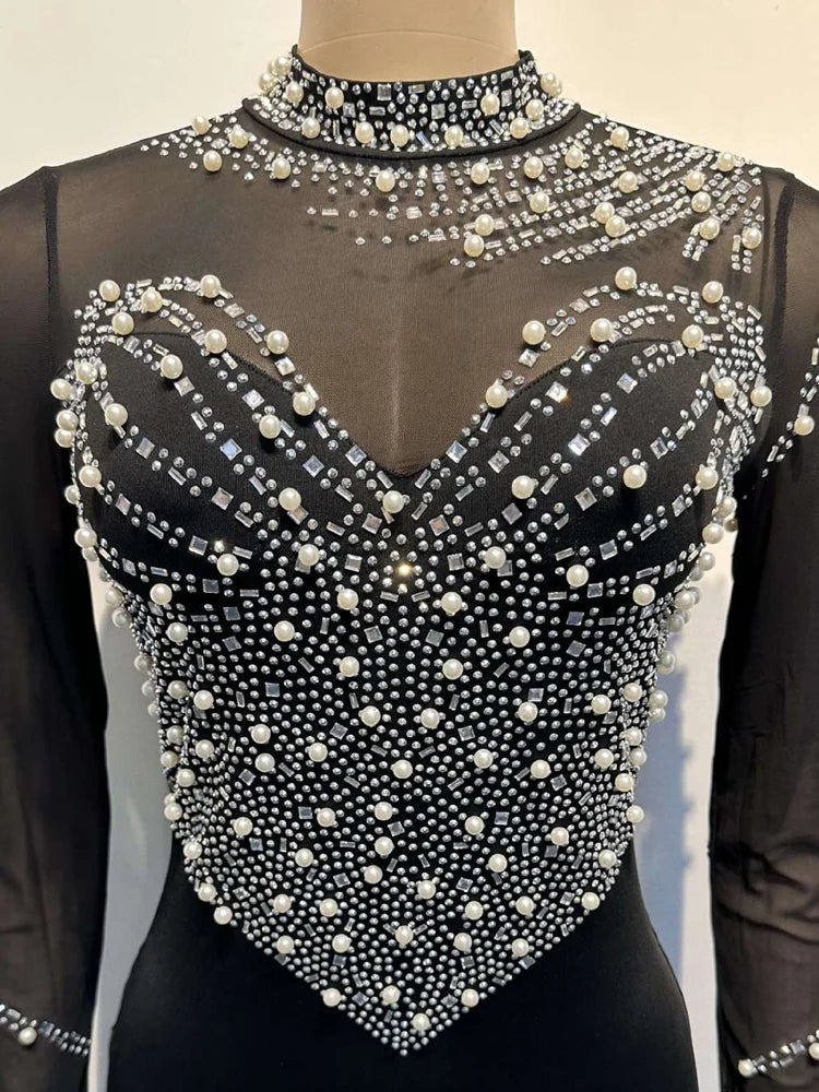 Evening wear Dresses: Sparkle See-Through Mesh Pearls Diamonds Long Maxi Dress