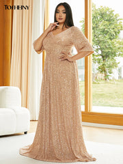 Tosheiny Plus Size V Neck Sequin Dress Fashionable Summer Dresses Apricot