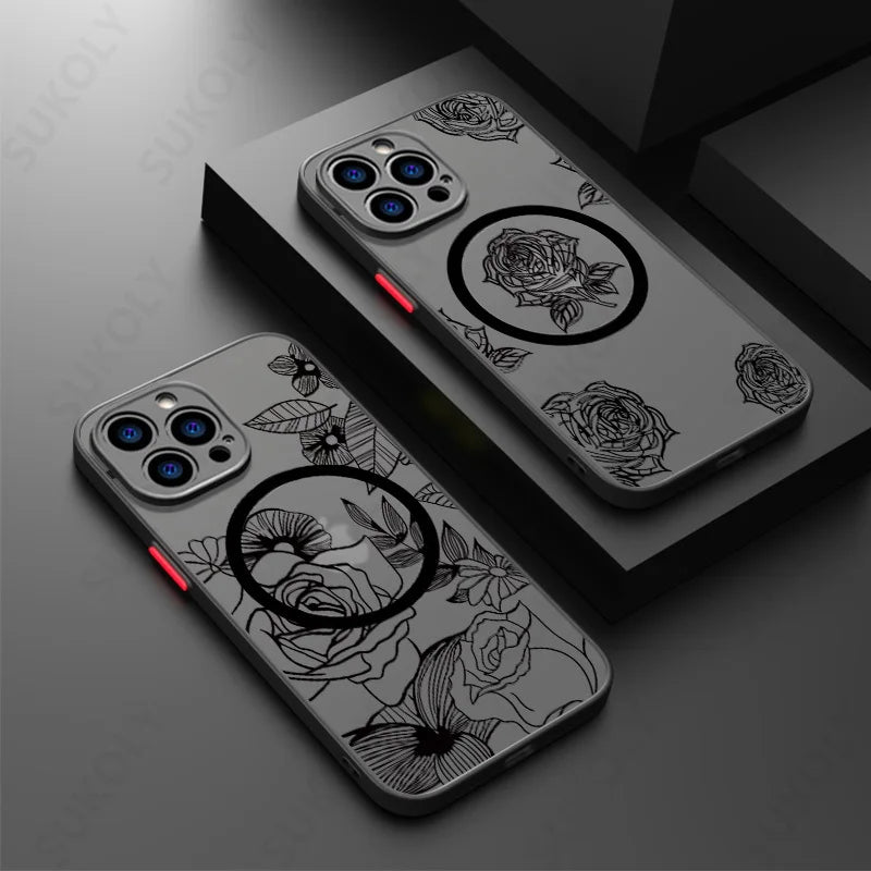 Flowers Pattern For iPhone 16 15 14 Pro Max 13 12 11 Pro Max Case For Magsafe Wireless Charging Matte Acrylic Hard Phone Cover