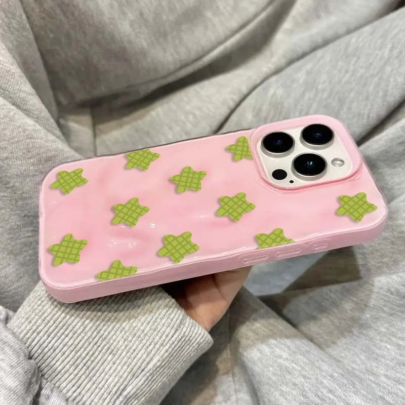 Cartoon Black Checkered Star Pattern Korean Phone Case for IPhone 16 17 Air 15 14 13 12 11 Pro Max Plus Shockproof Soft Cover