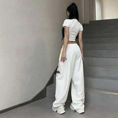 Y2K Streetwear White Track Pants Women Harajuku Hippie Wide Leg Sweatpants