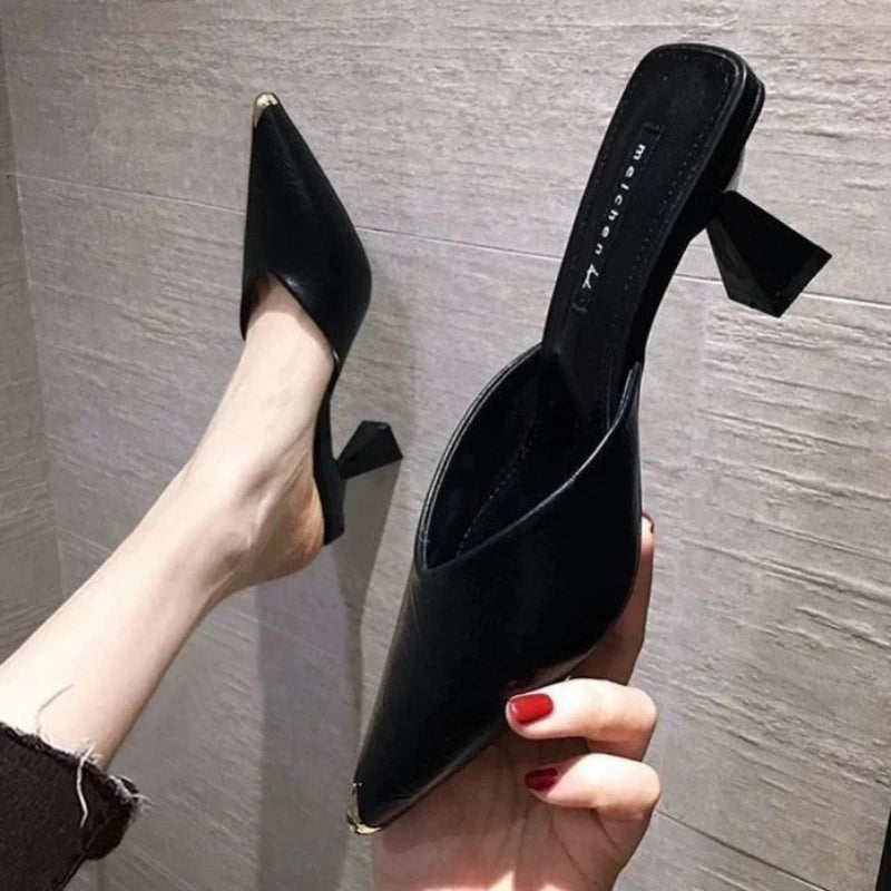 Summer 2024 Black Slides Mules Women's Slippers and Ladies Sandals High Up To 5cm Heel Shoes Job Leather on Promotion Footwear F
