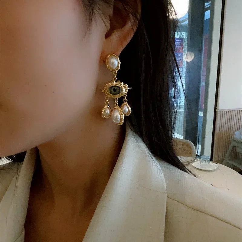 French Style Exaggerated Big Eyes Long Earrings Fashion Pearl Water Droplets Earring
