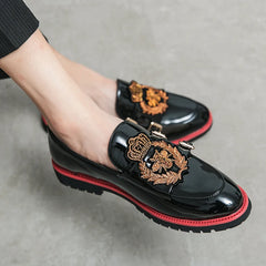 Men Party Flats Black Golden Formal Patchwork Tassel Leather Casuals Shoe Handmade