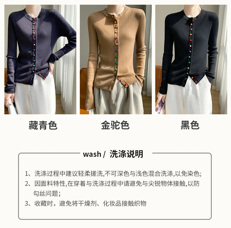 Women's 100% Merino Wool Sweater Round Collar Colorful Buckles Slim Fit Cardigan
