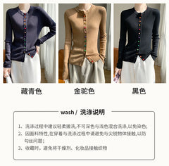 Women's 100% Merino Wool Sweater Round Collar Colorful Buckles Slim Fit Cardigan