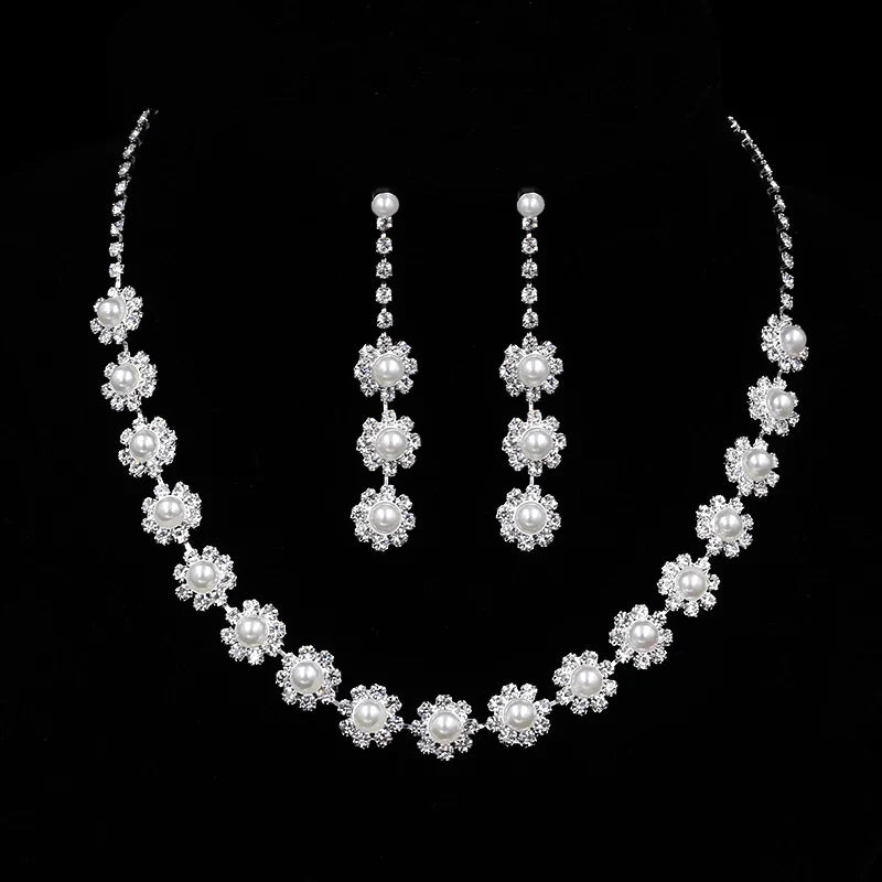 TREAZY Silver Color Pearl Crystal Bridal Jewelry Sets Wave Shape Choker Necklace Earrings Sets for Women Wedding Jewelry Sets