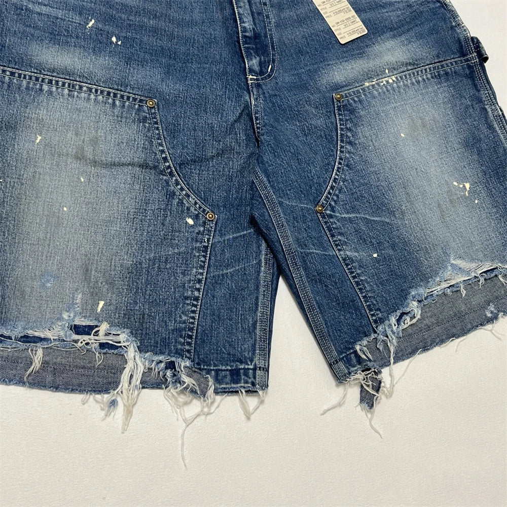 Black Nice Washed Damaged Saint DOUBLE KNEE Zipper Denim Shorts Men Women Oversized Shorts
