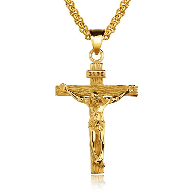 Religious Jesus Cross Stainless Steel Necklace For Men Fashion Gold Silver Color Cross Pendent With Chain Necklace Jewelry Gift