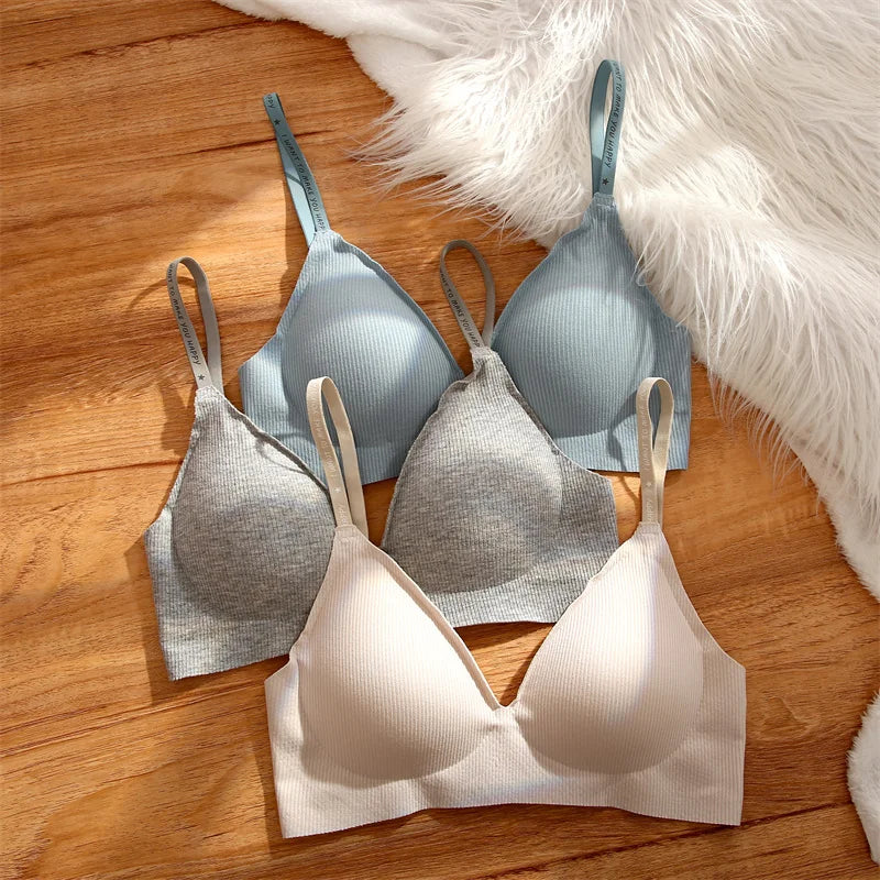 Women Wireless Bra Deep V Padded Bralette S-XL Trendy Stripe Knitting Bras