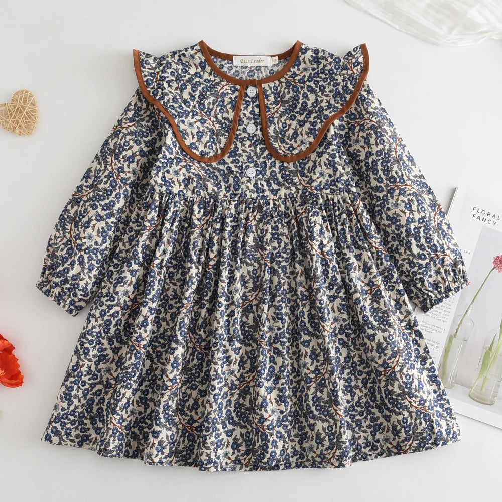 Girls' Dress Fashion Cute Doll Neck Flower Print Dress Children's Girls