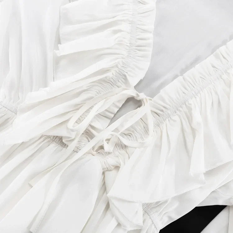 Talenza White Ruffle Bandage Mini Dress Women's Elegant Patchwork Long Sleeve Dress New Slim V Neck Lace Up Summer Mini Dress