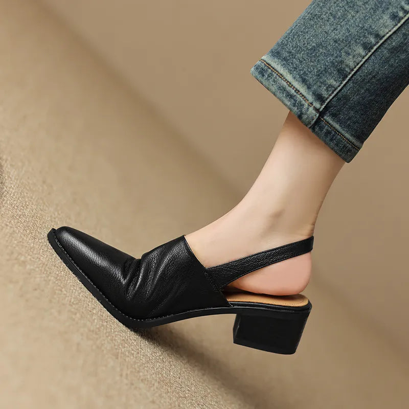 2023 New Office Ladies Casual Women Sandals Concise Spring Summer Pointed Toe High heel Genuine Leather Slingbacks Shoes Woman