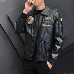 Casual Motorcycle Windbreaker Zip Lapel Collar Faux Leather Jacket Men