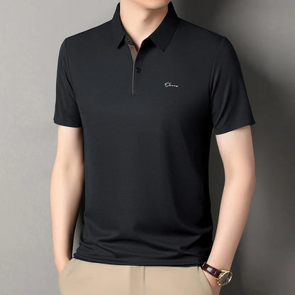 Summer seamless ice silk short sleeved T-shirt, polo shirt, flip collar, casual elastic top, breathable thin half sleeve