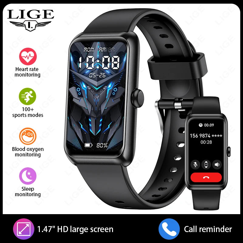LIGE New Sport Fitness Tracker Smart Bracelet Heart Rate Blood Oxygen Monitor Call Reminder 1.47" Smartwatch Band For Men Women