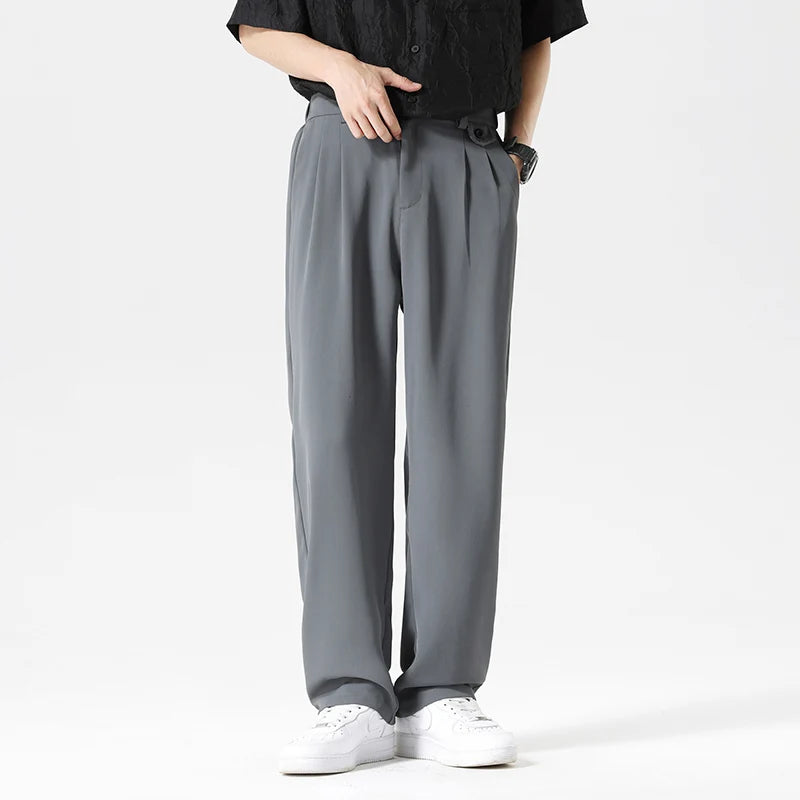 Men's Casual Loose Straight Suit Pants Button Elastic Waist Korea Leisure
