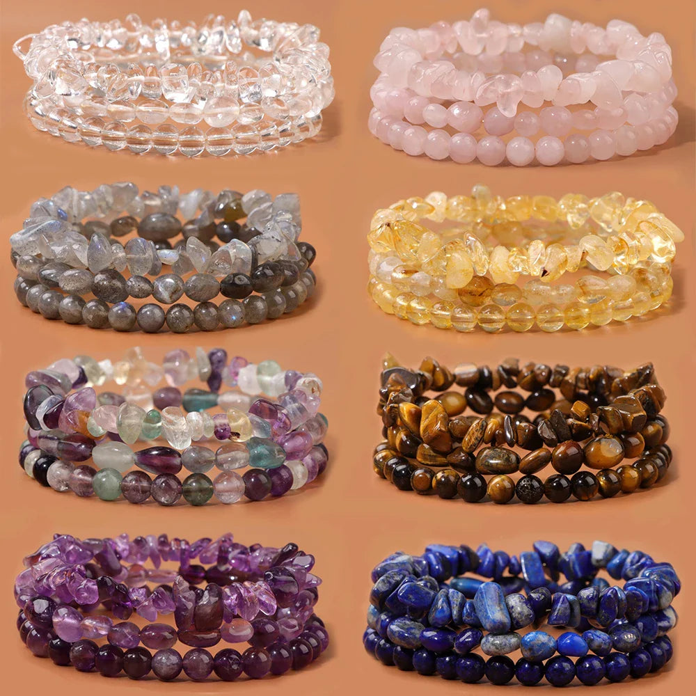 3Pcs/Set Natural Stone Bracelets Tiger Eye Lapis Lazuli Rose Quartzs Bracelet Round Irregular Beads Bracelet for Women Men