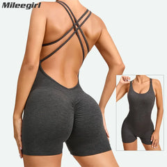 Cross Back Women Yoga Jumpsuit Hip Lifting Sports Shorts Tracksuit One Piece