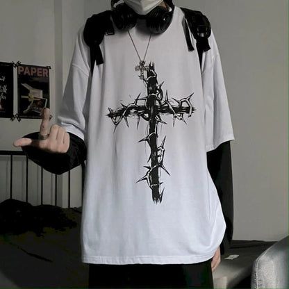 T-shirt for Men Summer Cross of Thorns Suitcase Men's T-shirts Long-sleeved Dark Hip-hop Men's oversize t-shirt Y2k T Shirt Tops