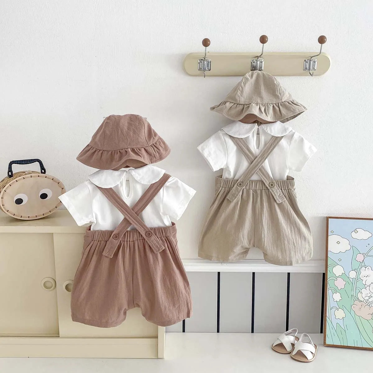 Summer baby basic simple solid color suspenders white doll collar short sleeve jacket suit, summer boys casual cute suit, suspen