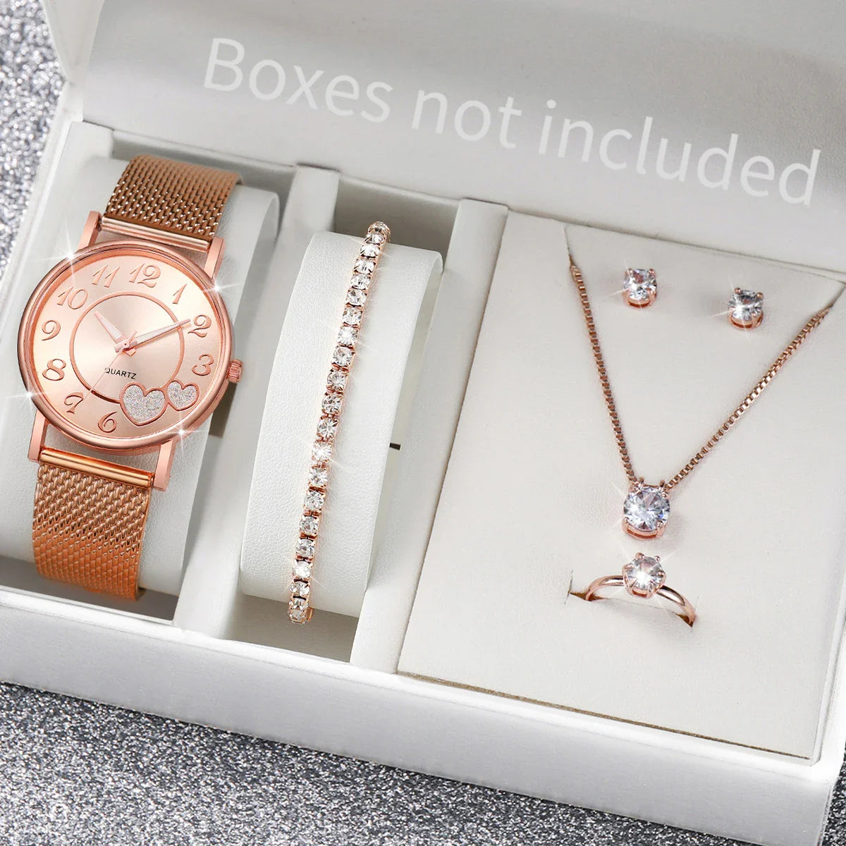 6PCS/Set Fashion Heart Dial Women Watches Plastic Band Quartz Watch Rhinestone Heart Jewelry Set（Without Box）