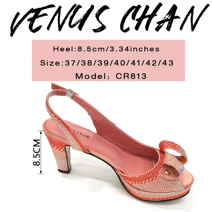 Venus Chan Newest INS Style Peach Color Rhinestone Elegant High Heels Nigeria Popular Design African Ladies Shoes And Bag Set