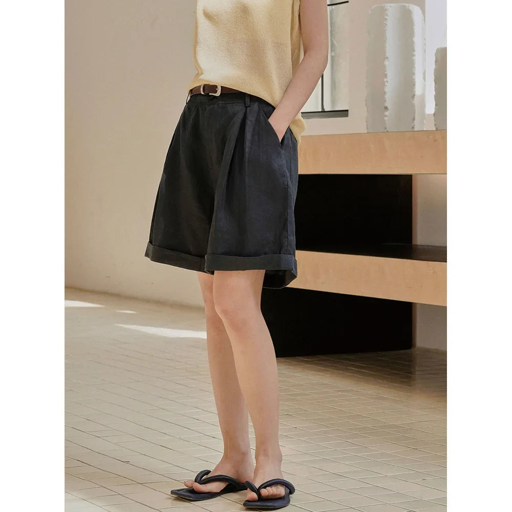 Summer Korea Style Lazy Linen Curled Bermuda Shorts Wide Leg Loose Slim Casual Hot Pants For Women