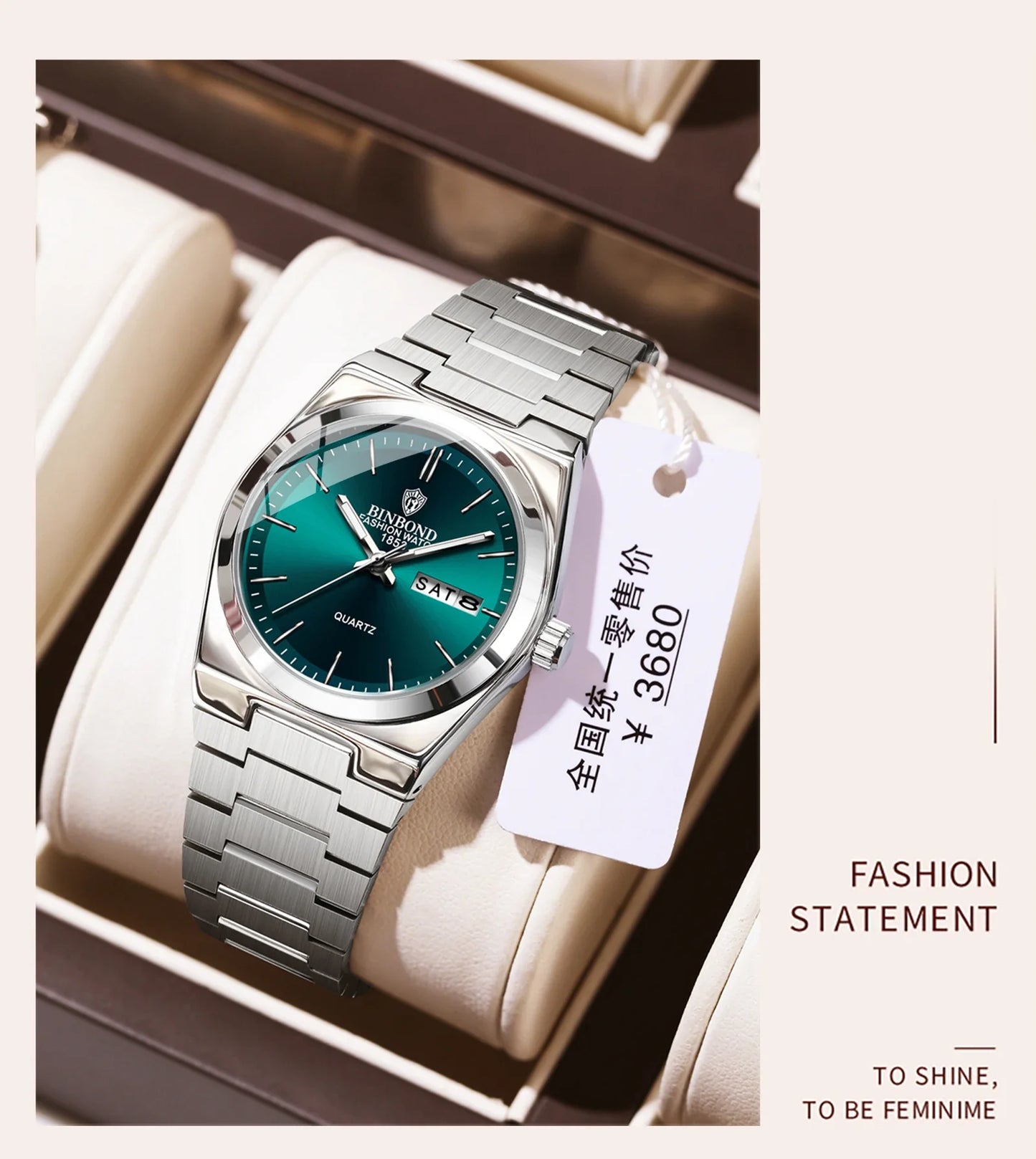 BINBOND 103 Business Women's Quartz Watch Waterproof Double Calendar Night Light Non Mechanical Ultra Thin Women's Quartz Watch