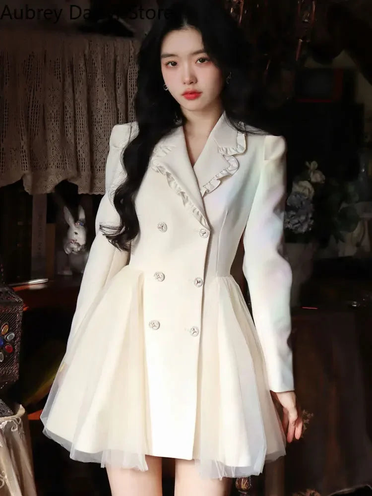 Korean Elegant Mini White Dress Women Vintage Chic Bow Mesh Design Formal Dress Summer Casual Slim Birthday Evening Party Dress
