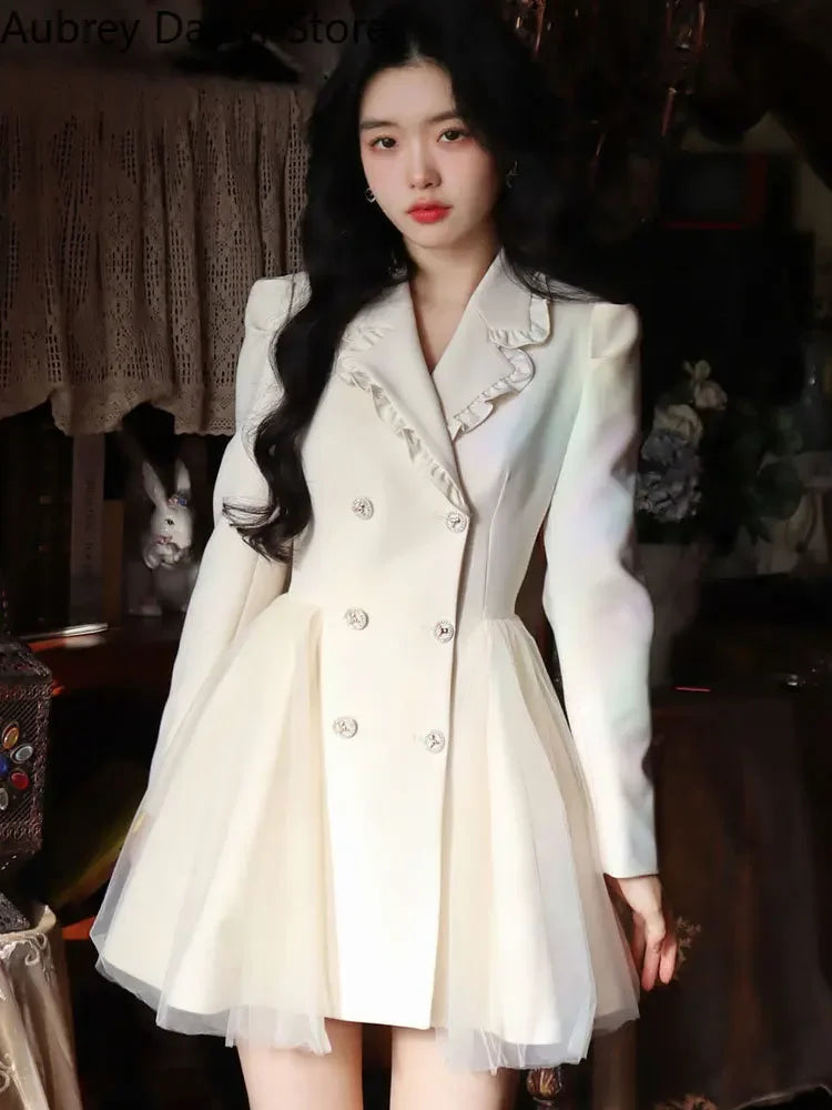 Evening Dresses: Mini White Dress Women Vintage Chic Bow Mesh Design Formal Dress