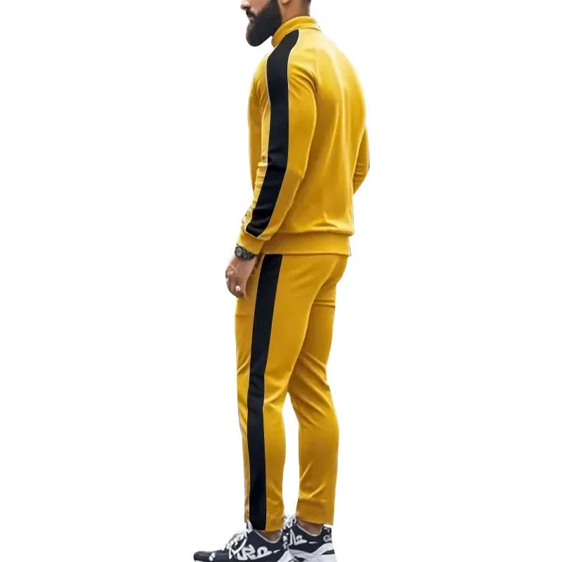 2025 Spring Autumn Men's 2-Piece Set Color Blocking Zipper Stand Collar Casual Sports Jacket Sweatshirt Trousers Suit