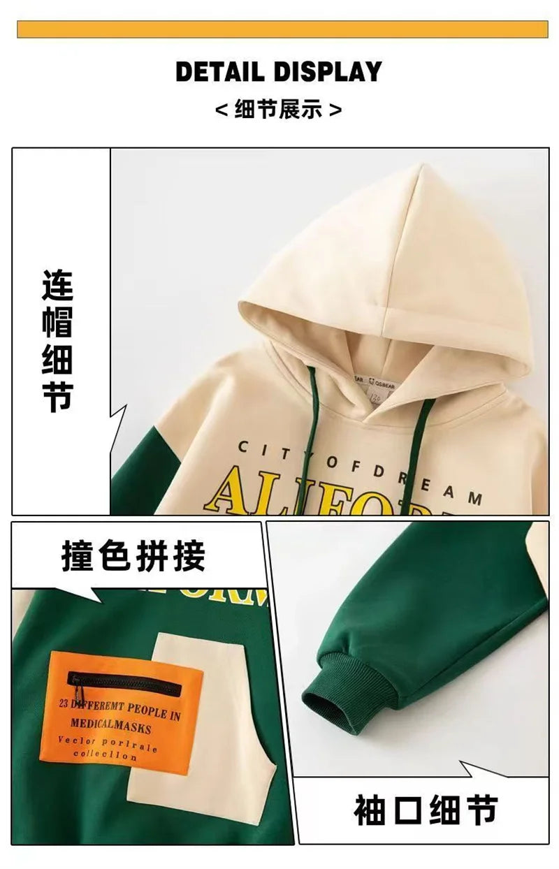 Boys Tracksuit Sets Children Patchwork Letter Sweatshirts+Pants 2Pcs Outfits Teenager Autumn Fashion Hooded Suits Spring Clothes