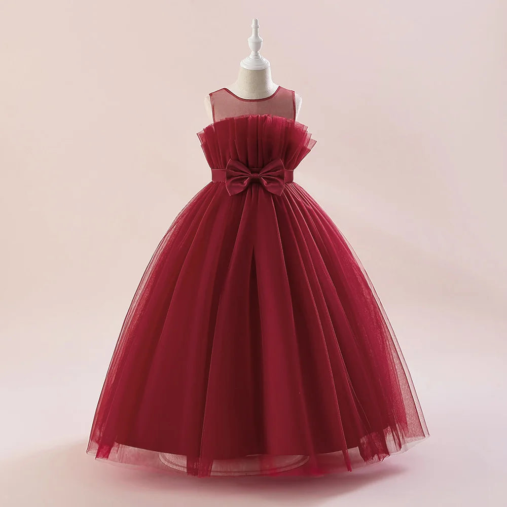 Summer Tulle Bridesmaids Pink Party Dresses for Girls Elegant Bow Princess Wedding Girls Dress First Communion Wedding Prom Gown