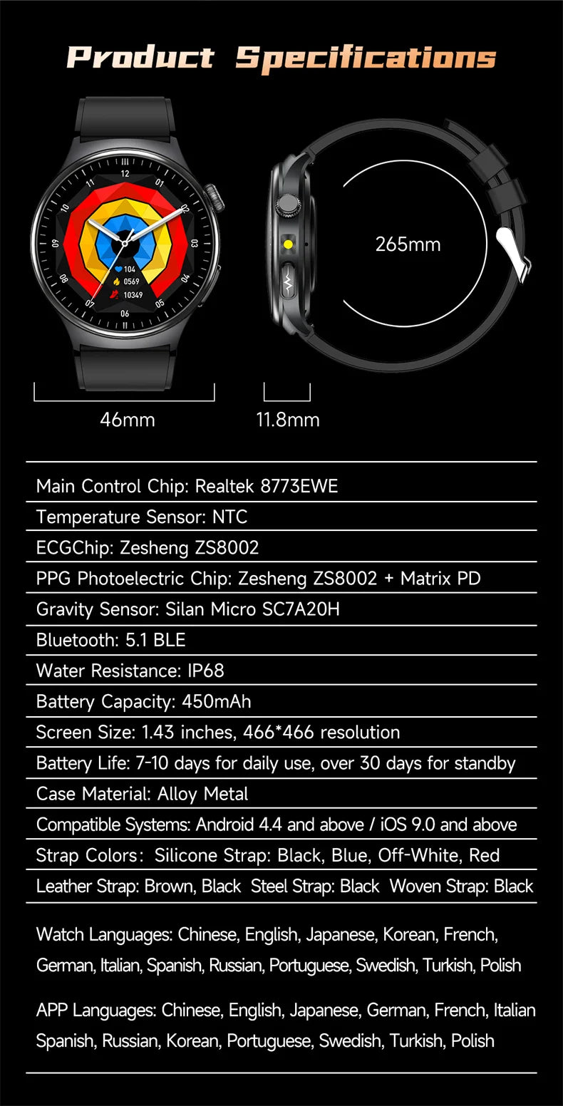 2026New Health Sport ECG AI Diagnosis Smart Watches Men Heart Rate Blood Pressure IP68 Waterproof Smartwatches For Men women