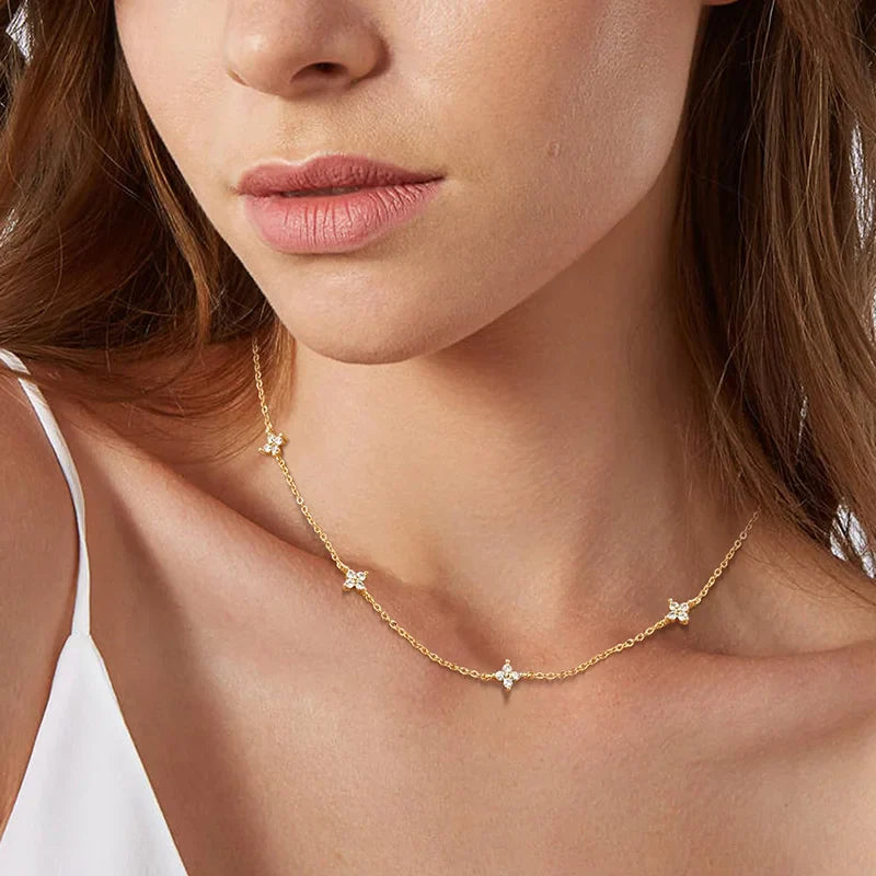 Dainty Lucky Leaf Necklace for Women 925 Sterling Silver Trendy 14K Gold Plating Cute White CZ Flowers Pendant Choker Necklaces
