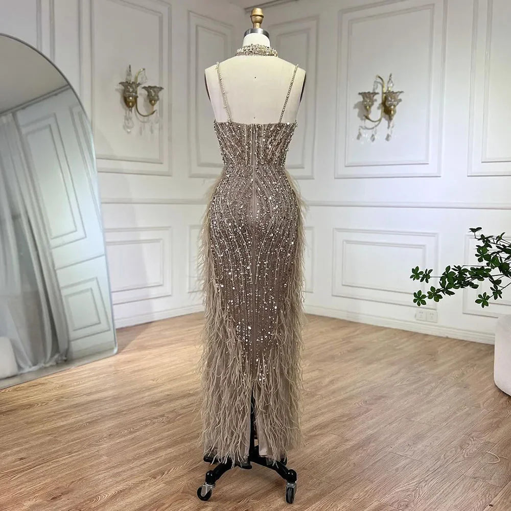 Homecoming Dresses: Mermaid Spaghetti Strap Beaded Feather Evening Dresses