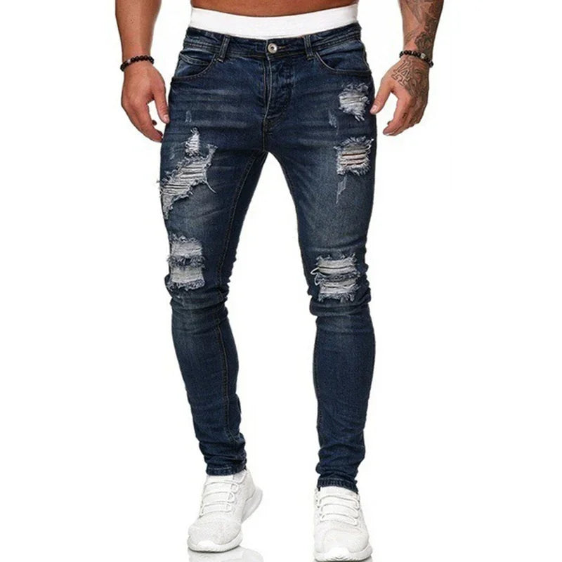 Mens Denim Pants Europe and America Breaking Holes Grinding White Jeans