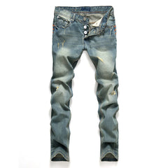 Blue Straight Button Men's European And American Fashion Ripped Regular Fit Denim