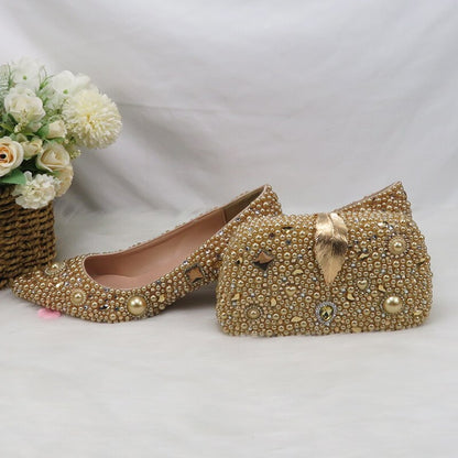 Gold Bridal Wedding shoes with matching bags woman Pointed Toe