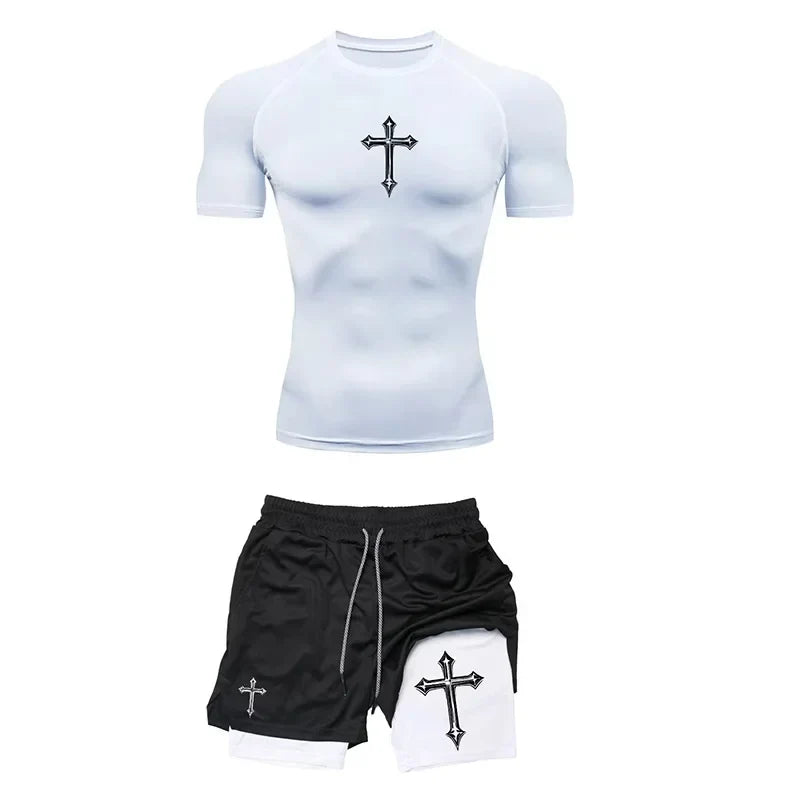 Jogging Breathable Compression Sportswear Summer Men's Training Two-piece Tight T-shirt Fitness Shorts Gym Workout Set RL0008