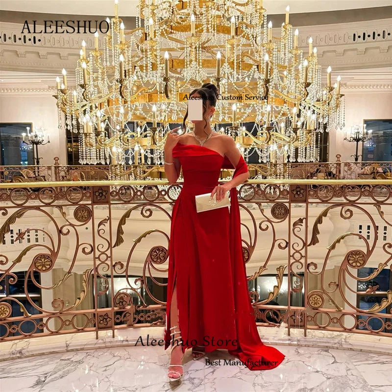 Homecoming Dresses: A-Line Red Long Prom Dress Pleated Off The Shoulder