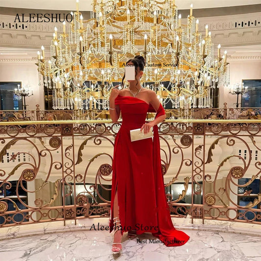 A-Line Red Long Prom Dress Pleated Off The Shoulder Evening Dress