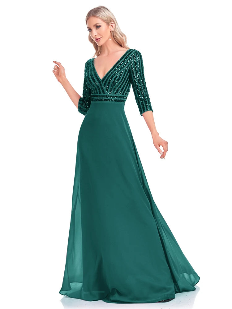 Homecoming Dresses: Long Sleeve Gown V Neck Pink Evening Dresses For Women