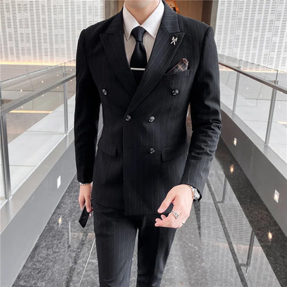 ( Blazer + Vest + Pants ) Fashion Striped Formal Business Double-breasted Men's Casual Suit Groom's Wedding Dress Party Tuxedo