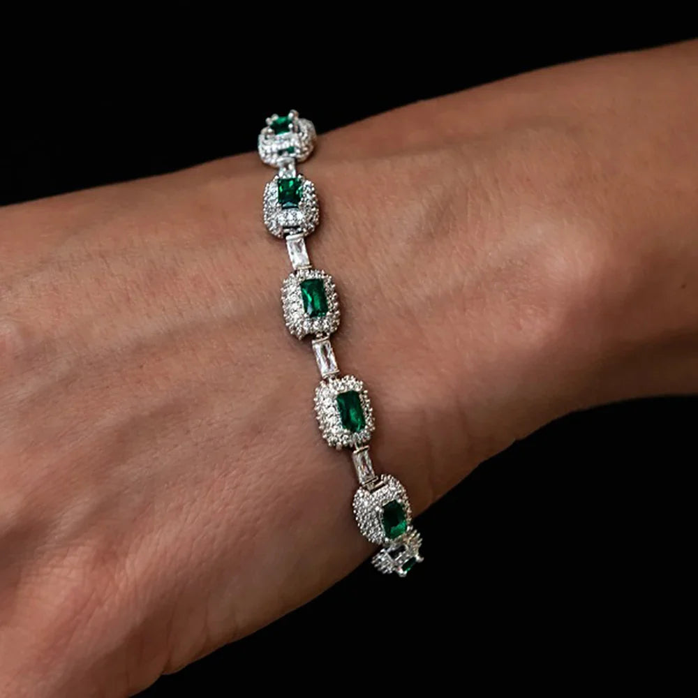 ESKEEM Fashion Jewelry Iced Emerald Cushion Cut Diamond Bracelet White Gold Inlaid Green Baguette Zircon Women's Bracelet ﻿