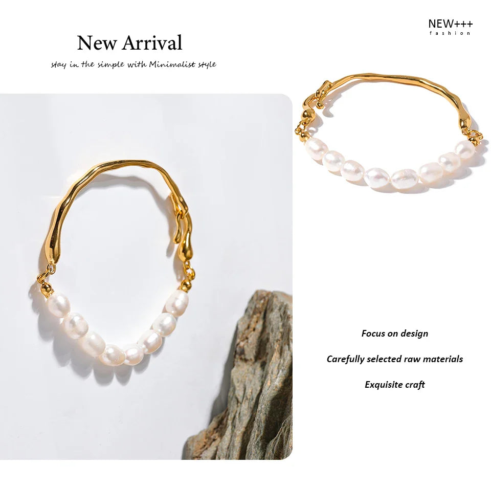 Yhpup Luxury Natural Freshwater Pearls Stainless Steel 18k Gold Color Bracelet Bangle Temperament Fashion Jewelry Women New Gift