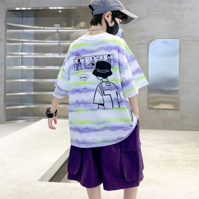 2025 Summer Boys' 2-Piece Set: Tie-Dye Striped Short Sleeve with Cartoon Back Graphic & Matching Shorts - 2 Color Options